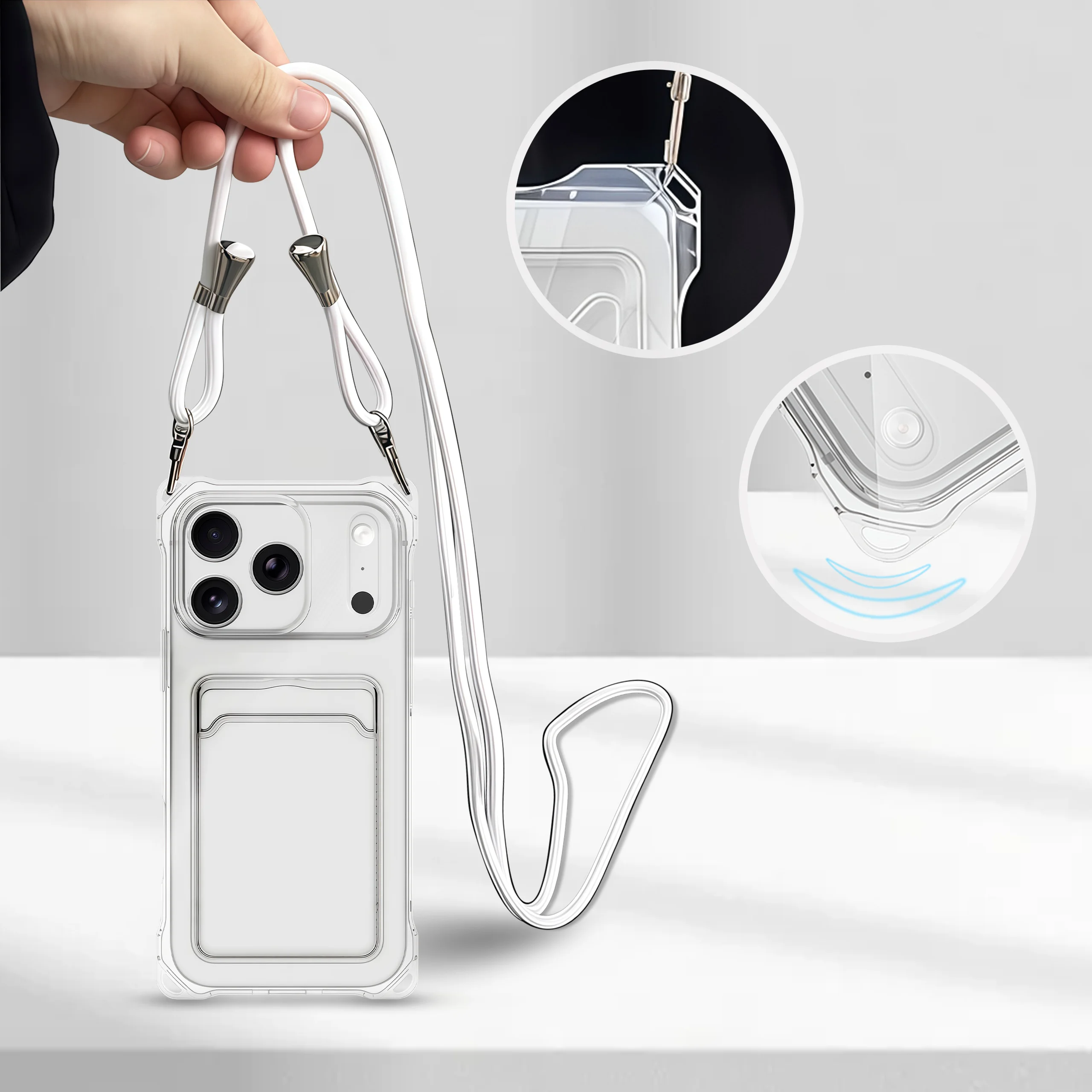 Enhanced Shockproof Silicone Clear Case Cover with Detachable Lanyard and Card Slot