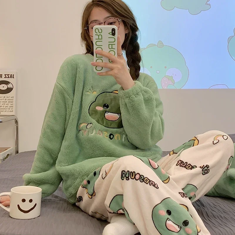 Women Pajamas Set Winter Flannel Sleepwear 2 Pieces Set Round Neck Long Sleeve Dinosaur Printing Women pajama suit