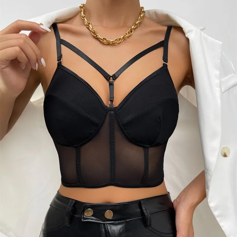 

Sexy Black Mesh Corset Halter Top Night Club Women's Tank Tops Hollow Out Bustier Vest Lingerie Slim Niche Camisole Streetwear