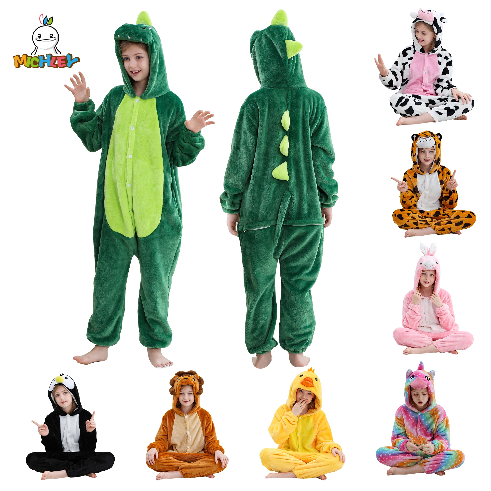 Dinosaur Flannel Pajamas Child Sleepwear Jumpsuit Onesies Animal Cartoon Clothes Winter Halloween For Boys Girls Family kids pajamas