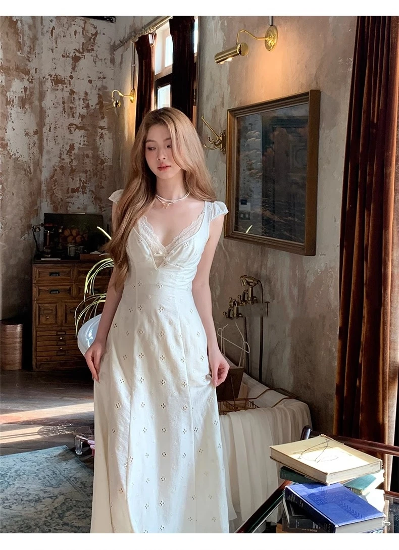 New Summer Hollow Out Midi Dress Women V-neck Vocation French Style White Dress Elegant Casual Korean Fashion Slim Vestidos 2025