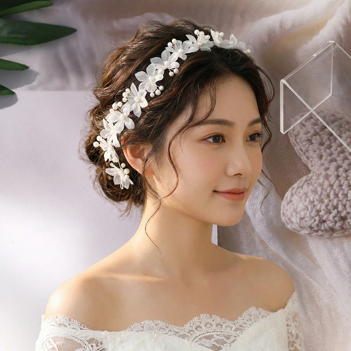 페어리 화이트 플라워 브라이덜 헤어 바인 진주 웨딩 헤어밴드 초경량 쉬폰 플로럴 헤어 악세사리 여성 프롬 보헤미안 헤드피스