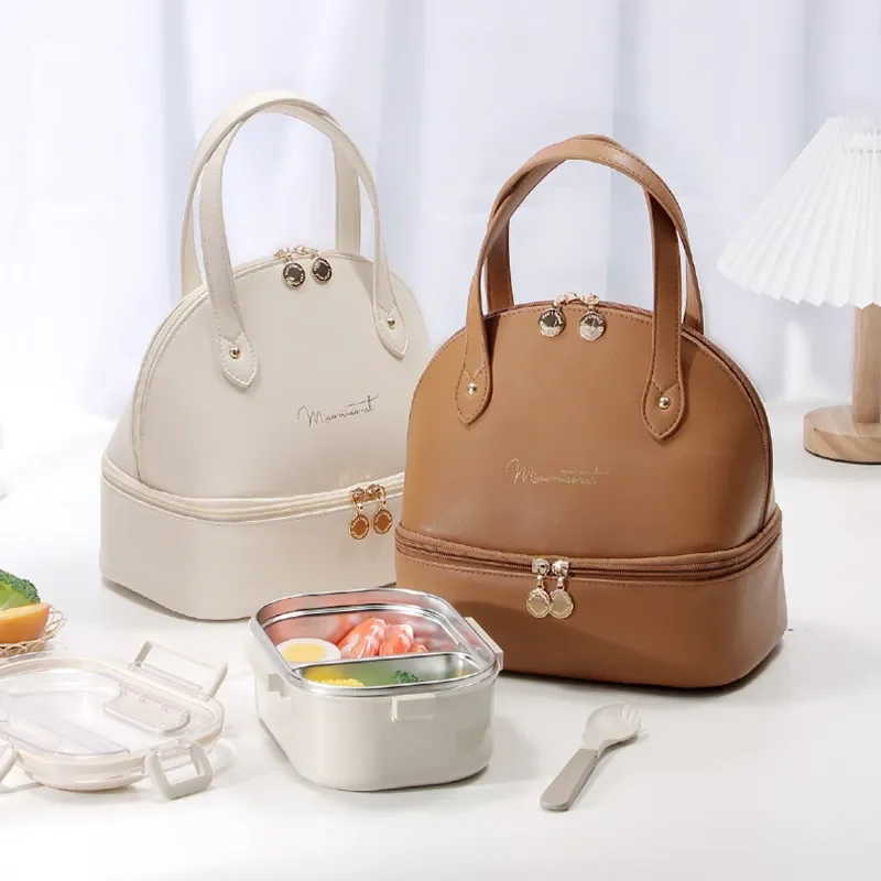 

Portable Leather Insulated Lunch Bag Large Capacity Double Layer High Quality Thermal Lunch Bags Fashion Multifunction Food Bags