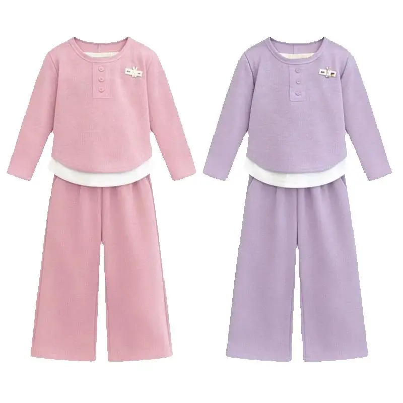 Kinder-Set 2026 Mädchen Frühling und Herbst Koreanische Edition Weiches, klebriges, zweiteiliges Oberteil + Weite Hose Freizeit-Set