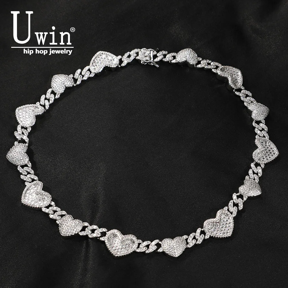 Uwin 9mm 2 Heart Cuban Chain Baguetter Full Paved Iced Out  Bling Cubic Zirconia Necklace Charm HipHop Jewelry Women Accessories
