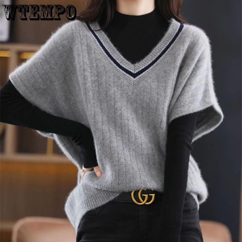 WTEMPO Women's Short Sleeve Knitted Vest Spring Fall Contrast V Neck Pullovers Jumper Loose Casual Ladies Gilet Sweater 4