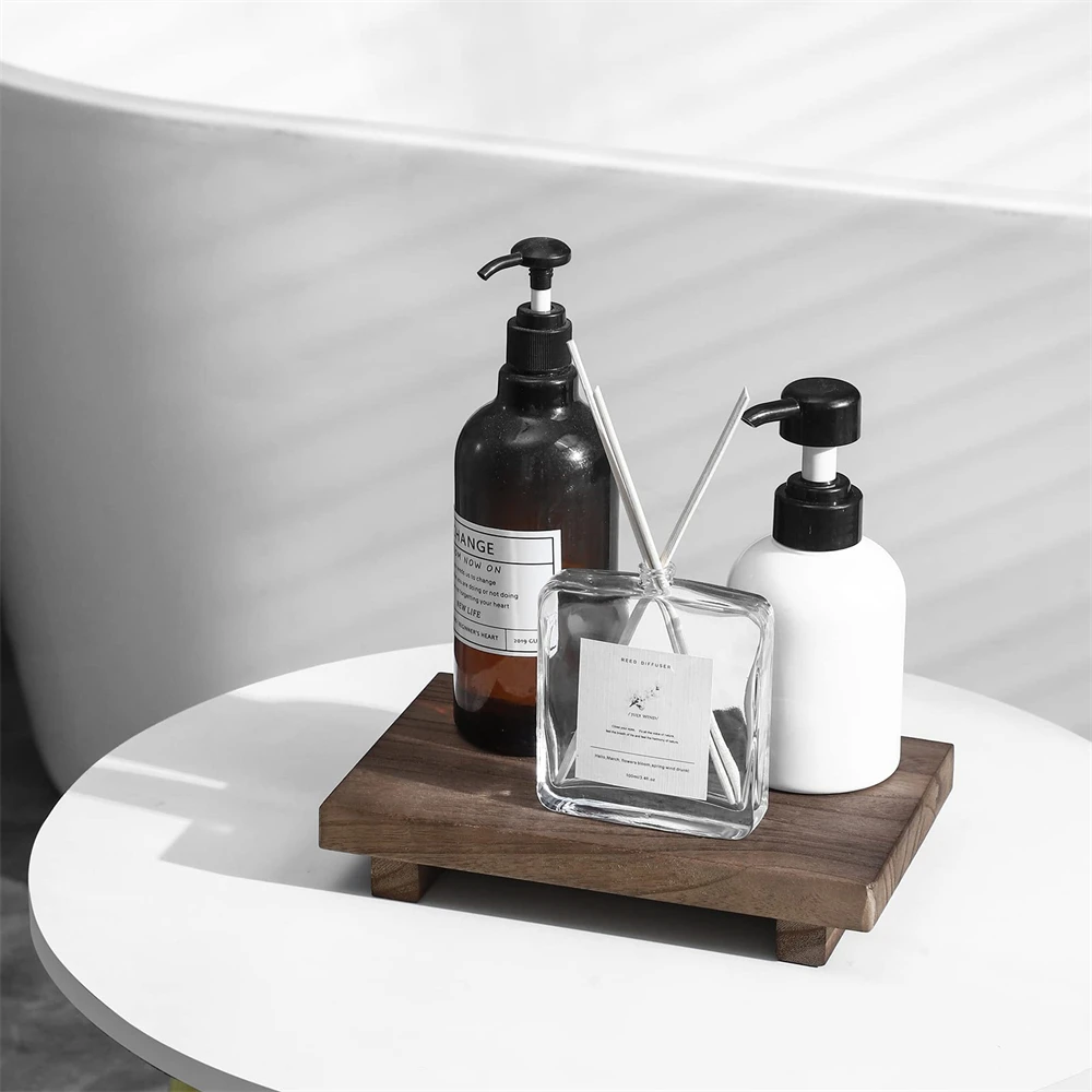 Wood Tray Pedestal Stand Farmhouse Bathroom Decor Decorative Wooden Riser Kitchen Soap Dish Holder for Vanity, Counter, Sink 2