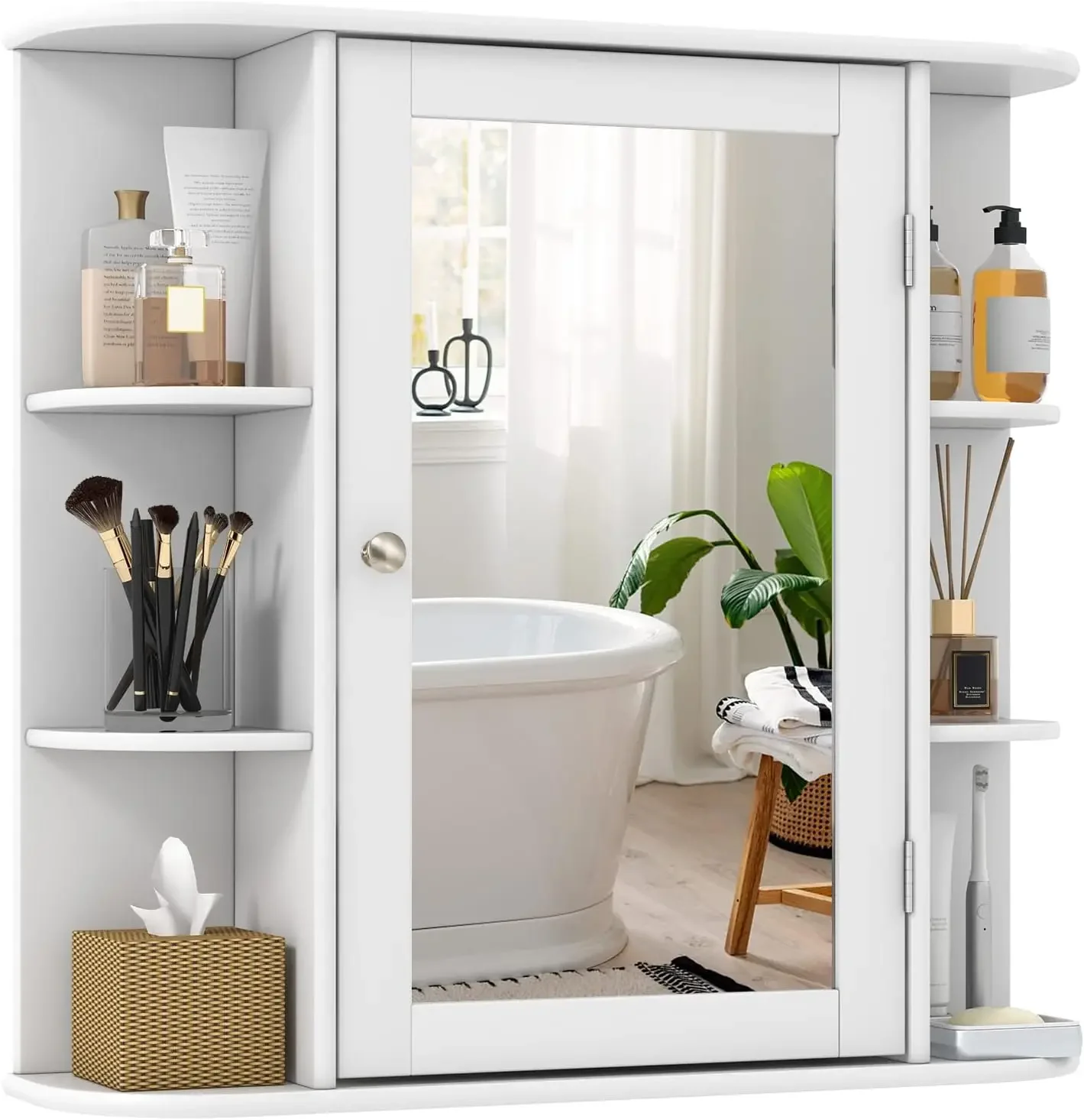 Bathroom Medicine Cabinet with Mirror, Wall Mounted Bathroom Storage Cabinet w/Mirror Door & 6 Open Shelves, Adjustable Shelves