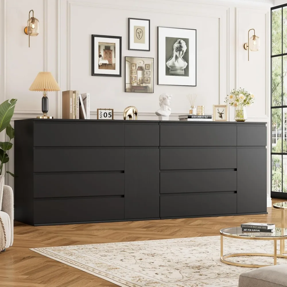 5 Drawer Dresser, Black Dresser Modern Dresser for TV Stand, Double Dresser Wide Storage Chests of Drawer with Door, Deep Drawe 5