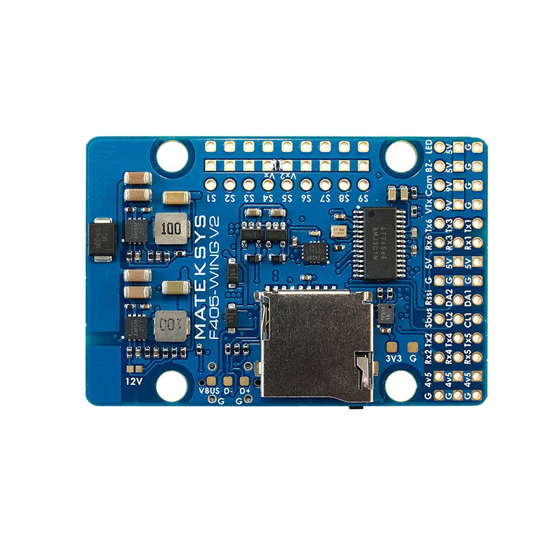 Angle du Matek F405-WING SE avec PDB intégré 220A pour drone FPV aile, mettant en avant les ports USB et les broches d'entrée.