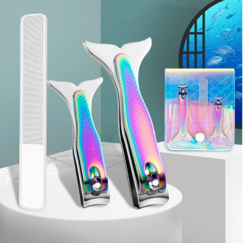 3/5pcs New Stainless Steel Nail Clipper Beauty Set  Gradient Mermaid Handle Large With File Nail Clipper Nail Tools 3
