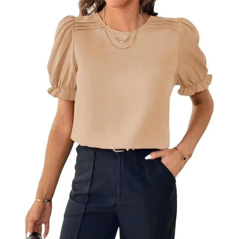 Elegant Pleated Ruffle Sleeve Shirt Women Layers Splicing Shoulder Solid Color Tops Female Summer O Neck Pullover Casual Blouse