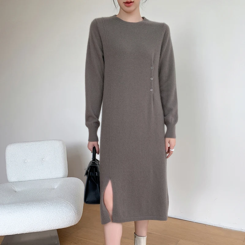 

Goat Cashmere Dress Women's Autumn And Winter High-End Long Straight Over-The-Knee Cashmere Knitted Dress With Inside AndOutside