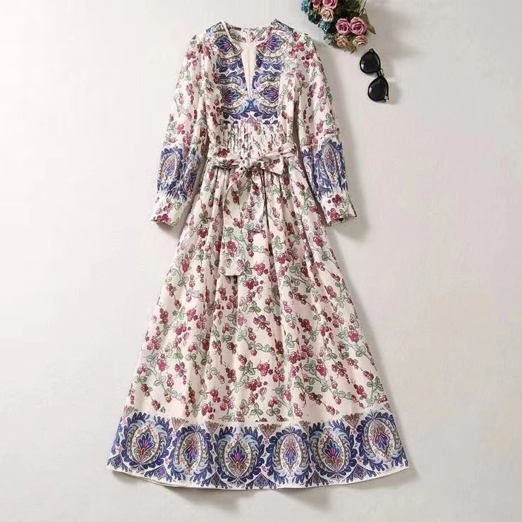 

European and American women's clothing 2023 autumn new Three-quarter sleeve floral print V-neck Fashion Pleated Belt dress XXL