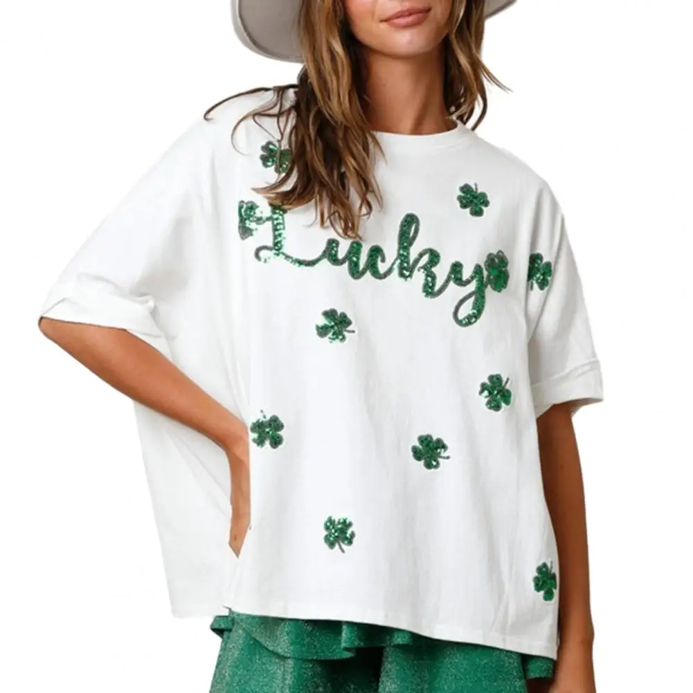 Women's St. Patrick's Day T-Shirt Round Neck Short Sleeve Sequined Clover Print Patchwork Loose Women's T-Shirt