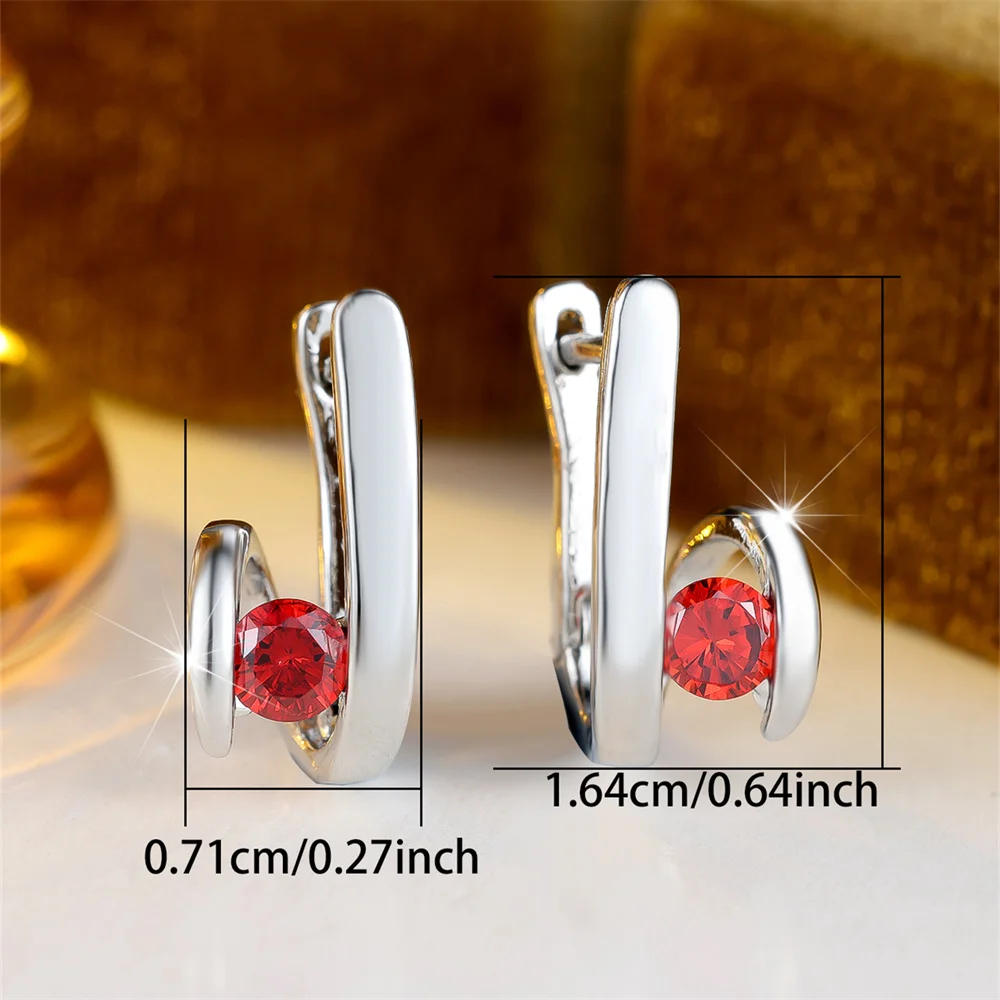 Red Crystal Zircon Round Stone Geometric Hoop Earrings For Women Vintage Silver Color Ear Buckle Wedding Jewelry Engagement Gift