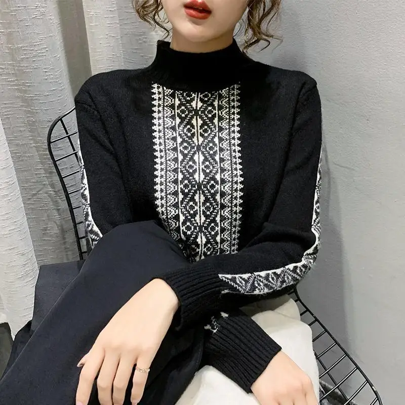 

Autumn Winter New Women's Pullovers Jacquard Weave Half High Collar Long Sleeve Fashion Simplicity Casual Commute Sweaters Tops