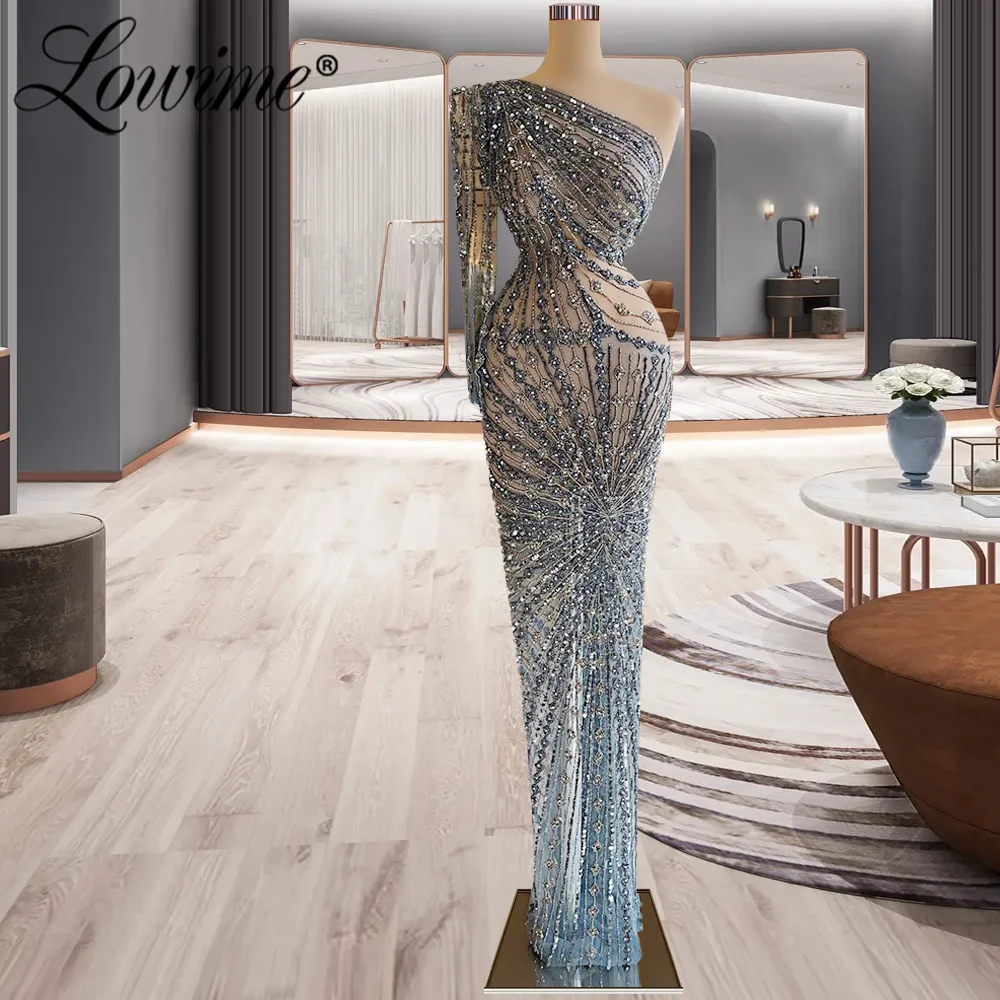 

Lowime Heavy Beading One Shoulder Party Dresses 2023 See Through Elegant Evening Gowns Women Crystals Prom Dress Customized Robe