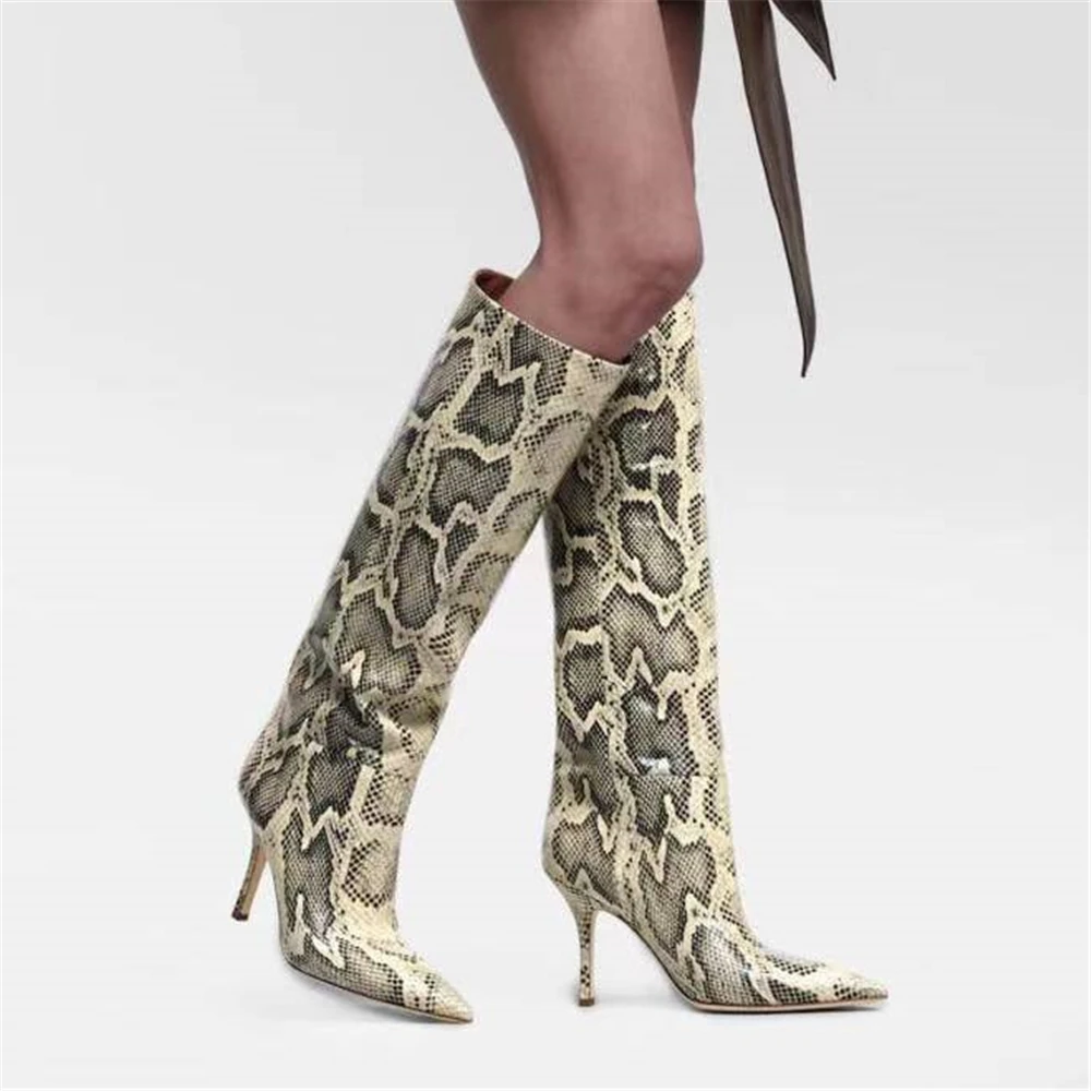 

Sexy Ladies Snakeskin Knee High Boots For Women Stiletto High Heels Botas Femininas Slip-on Pointed Toe Women's High Boots