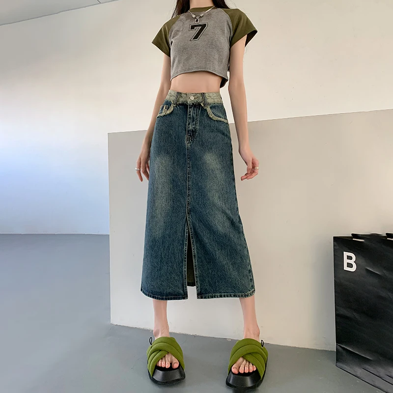 2023 denim skirt women's long skirt blue commuter summer new design sense raw edge slit bag hip A word