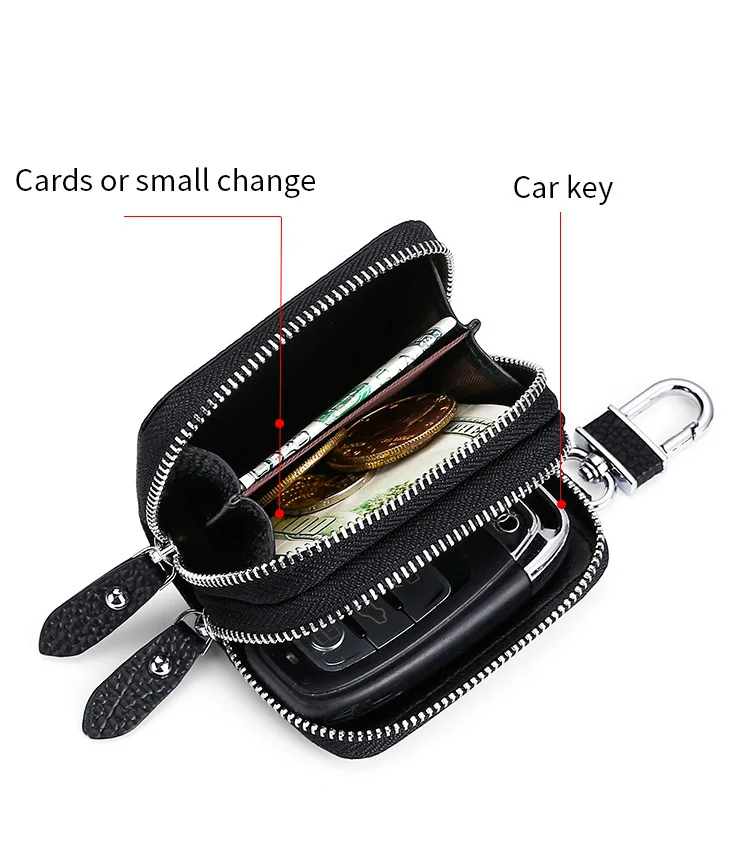 New Genuine Leather Car Key Pouch Wallet Double Zipper Crazy Horse Leather Designer Keychain Holder Organizer Key Case Bag Cover