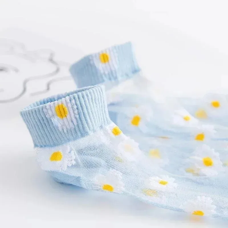 5 Pairs Daisy Pattern Socks Soft & Lightweight Mesh Short Socks Women's Stockings & Hosiery Glass Fiber Daisy Flower Cute Style