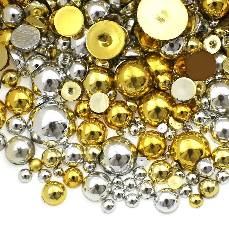 Shiny Gold Silber Mix Gr en 2mm 10mm Halb Runde Perlen Imitation Perle 