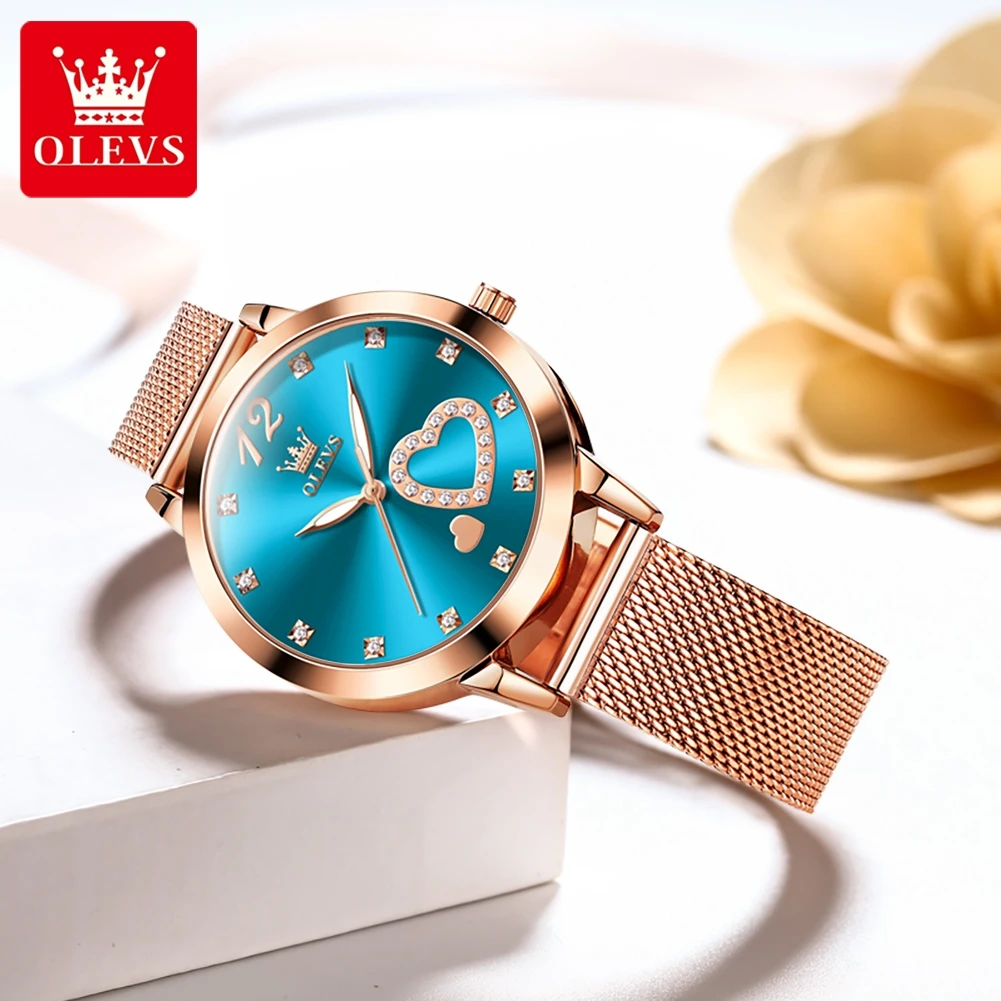 OLEVS Fashion Blue Dial Quartz Watch for Women Stainless Steel Rose Gold Mesh Strap Waterproof Womens Watches Top Brand Luxury