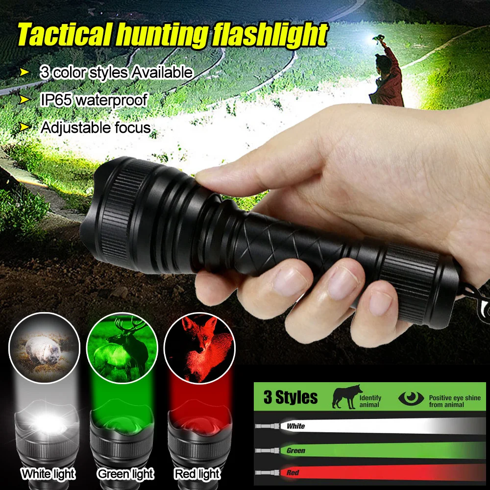 Description Picture 3 of item500 Yards Zoomable Flashlight Red/Green/White Hunting Torch 1 Mode High+Remote Pressure Switch+Rifle Scope Mount+18650+Charger