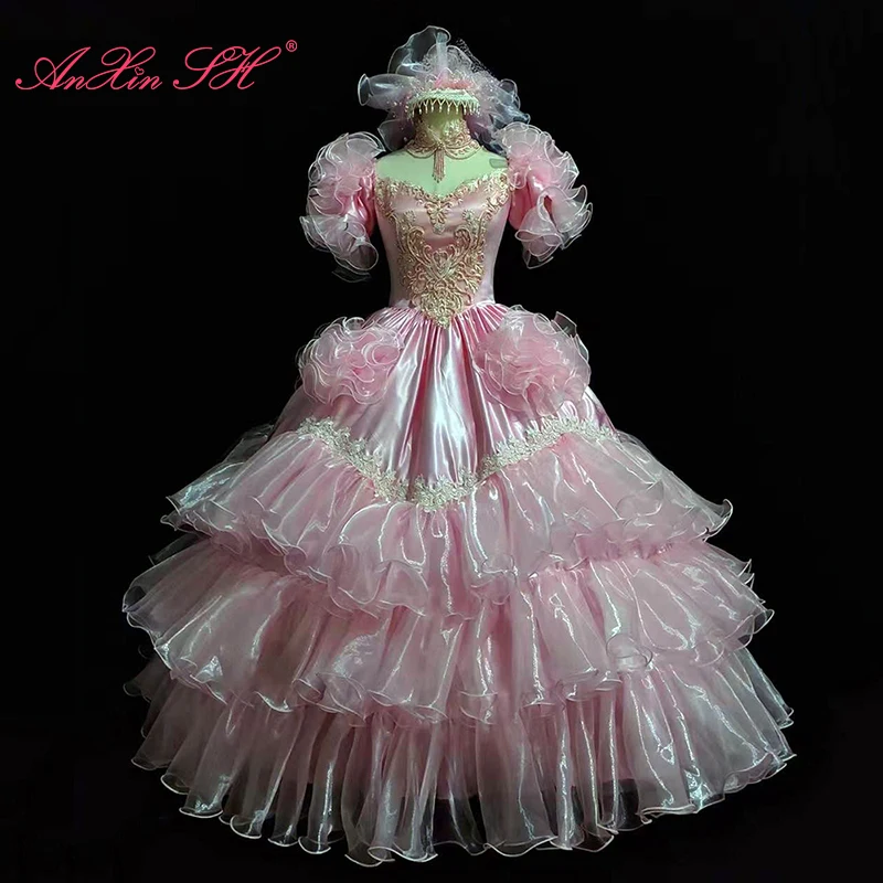 strapless open back dress Pink Satin Vintage Antique A-line Ball Gown Wedding Dress with Ruffled –  WonderlandByLilian main image 1