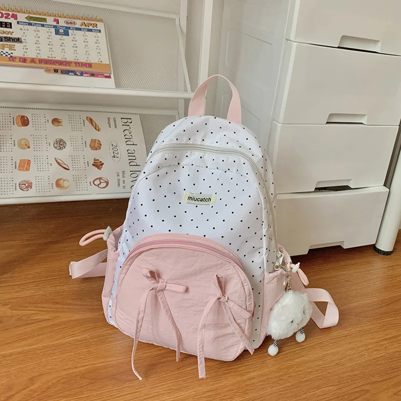 Women's casual hiking backpack suitable for elementary school students' outdoor sports, bow and dot design, lightweight