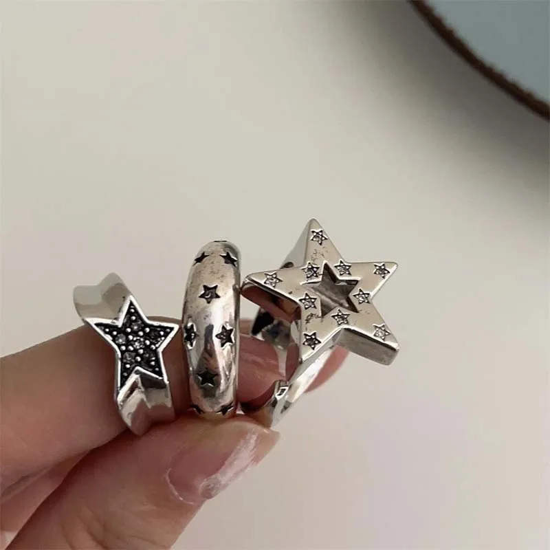 Vintage Punk Hollow Irregular Star Couple Rings for Women Men Fashion Shiny Crystal Pentagram Adjustable Ring Lover Jewelry 1