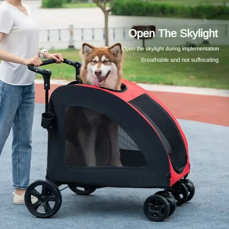 Foldable Large Dog Pet Stroller Large Space Breathable Mesh Dog and Cat Stroller for 50KG Walking Transport Car
