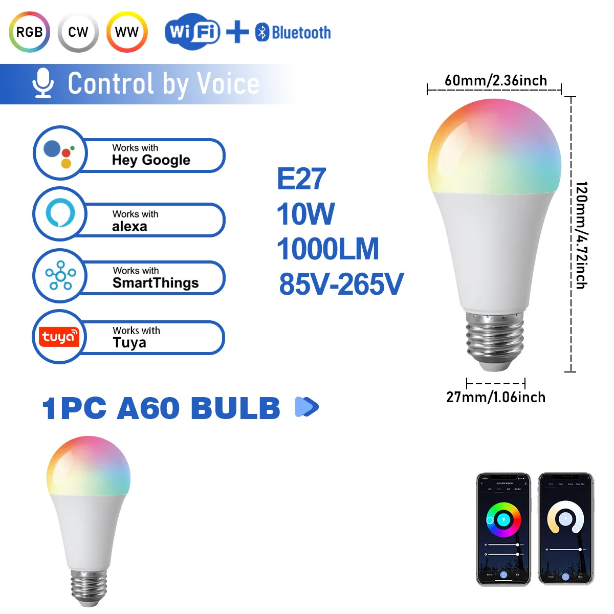 10W 디밍 가능 E27 LED 전구 WiFi TUYA 스마트 RGBCW 다채로운 85-265V 조명 앱 조정 지원 Alexa Google Home Alice 음성 제어