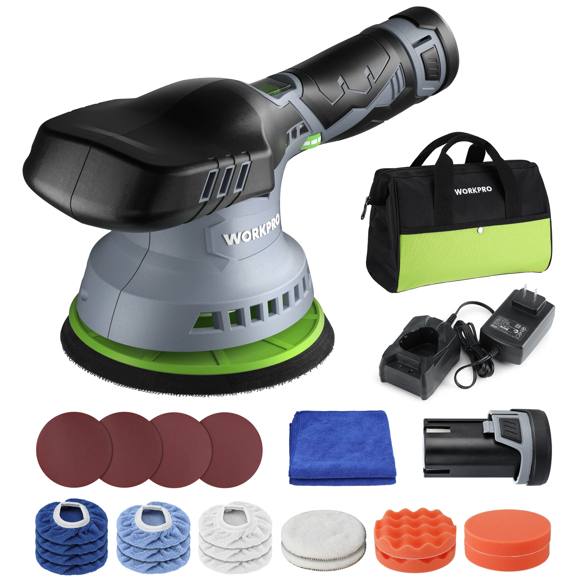 Cordless Car Buffer Polisher WORKPRO 6-Inch Dual Action Polisher for Car Detailing with 2 pcs 12V Rechargeable Battery