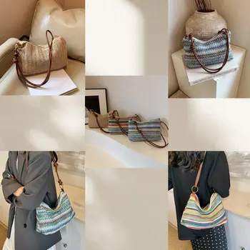 Borsa tote da donna in paglia intrecciata a righe: leggera di grande capacità con portamonete staccabile e chiusura con cerniera per le vacanze al mare