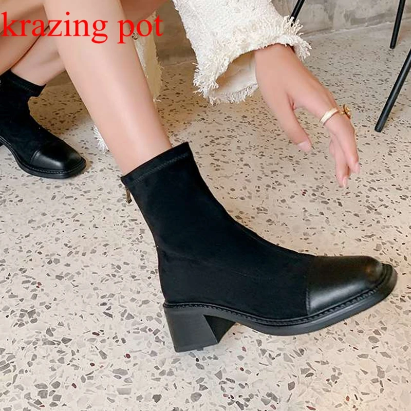 

Krazing Pot Cow Leather Square Toe Flock High Heels Modern Boots Platform Warm Winter Shoes Casual Concise Stretch Ankle Boots