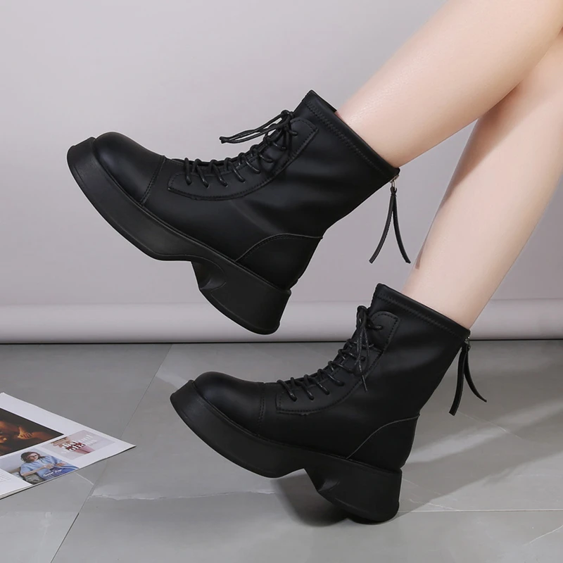Shoes for Women 2023 Brand PU Ankle Women's Boots Platform Modern Boots Women Lace Up Side Zip Round Toe Versatile Ladies Shoes