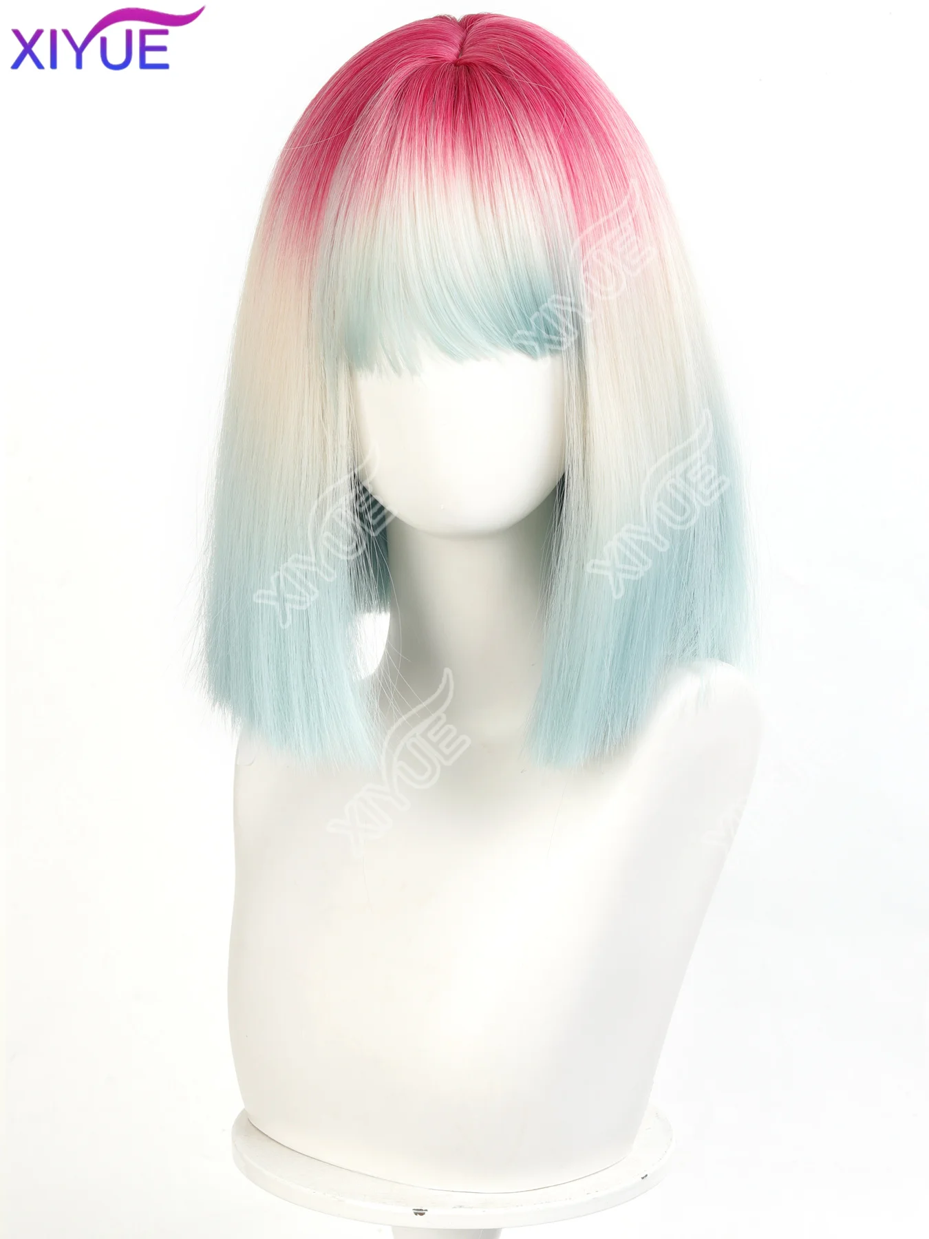 XIYUE Pink gradient blue Short Straight Hair Wig for Women with Bangs Gradient Highlights Lolita Bob Wigs Synthetic Wig Pastel