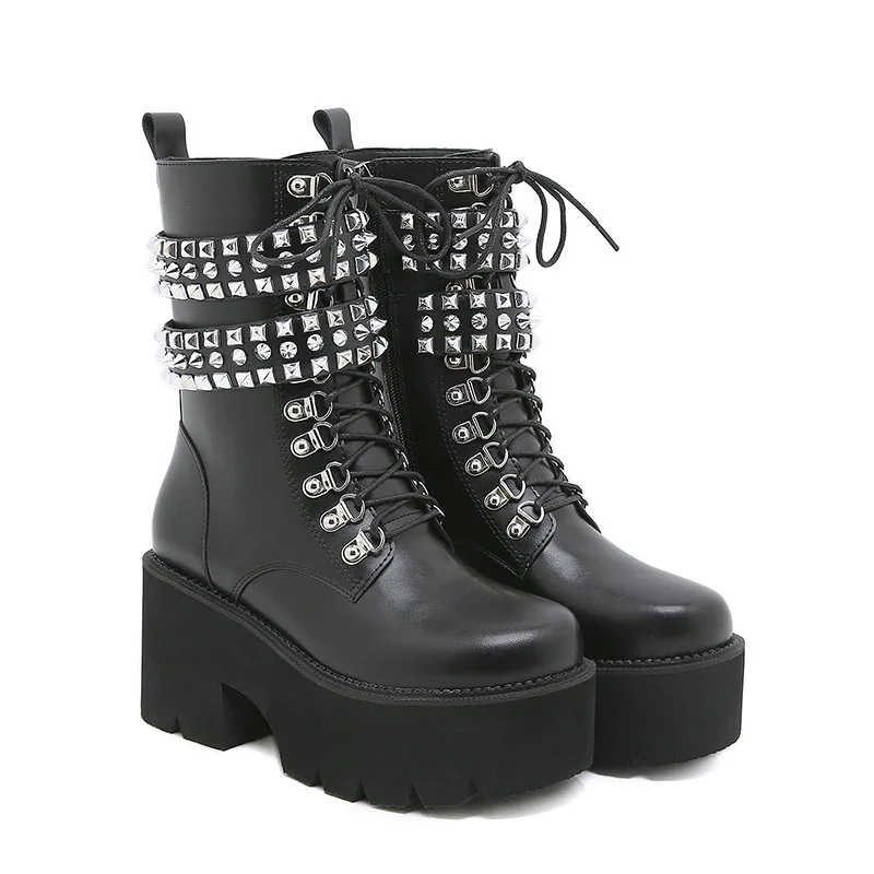 

Punk Style Metal Rivet Lace-Up Locomotive Boots Platform Knight Boots Gorgeous Rhinestone Large Size Sexy Women's Boots 35&43