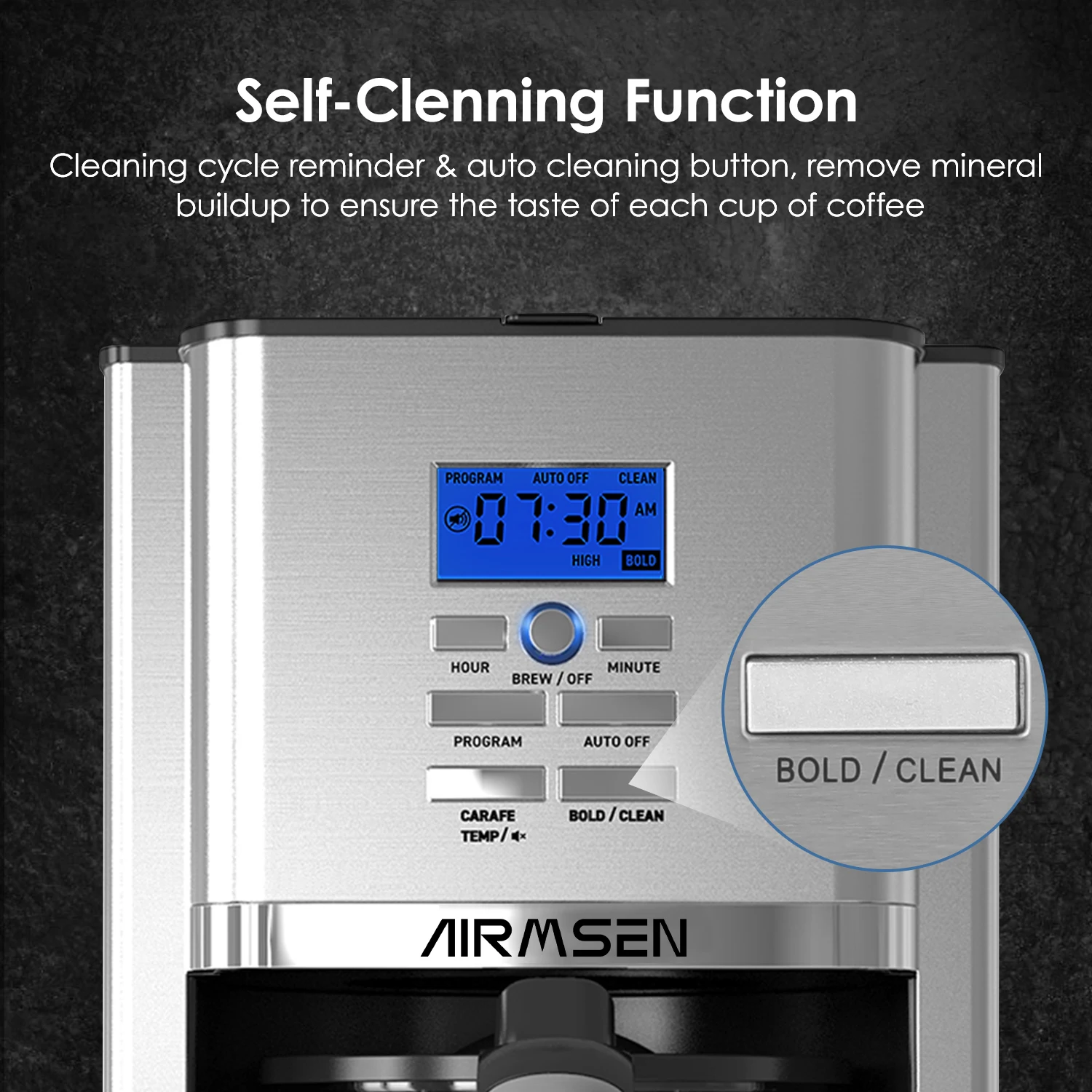 AIRMSEN Stainless Steel 12 Cup Drip Coffee Maker, Programmable Coffee Machine Self-Cleaning 6