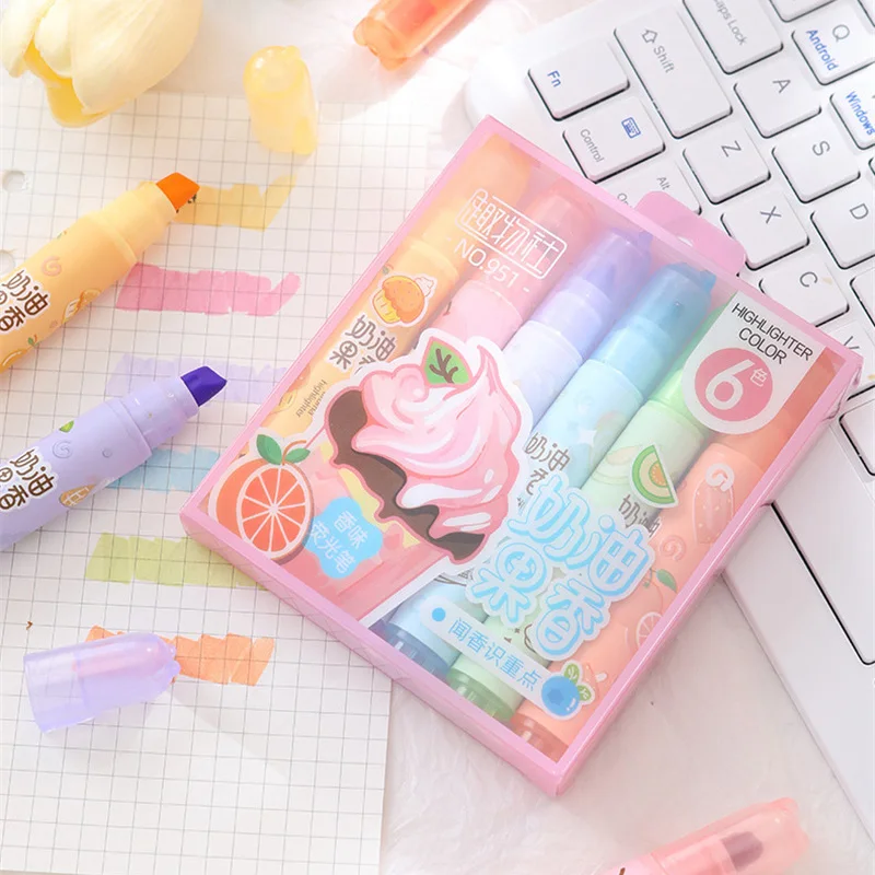 Kawaii 사선 하이라이터, 크림색 과일 향, 대용량 형광 노트 펜, 4mm 두께 마커, 6 가지 색상 세트