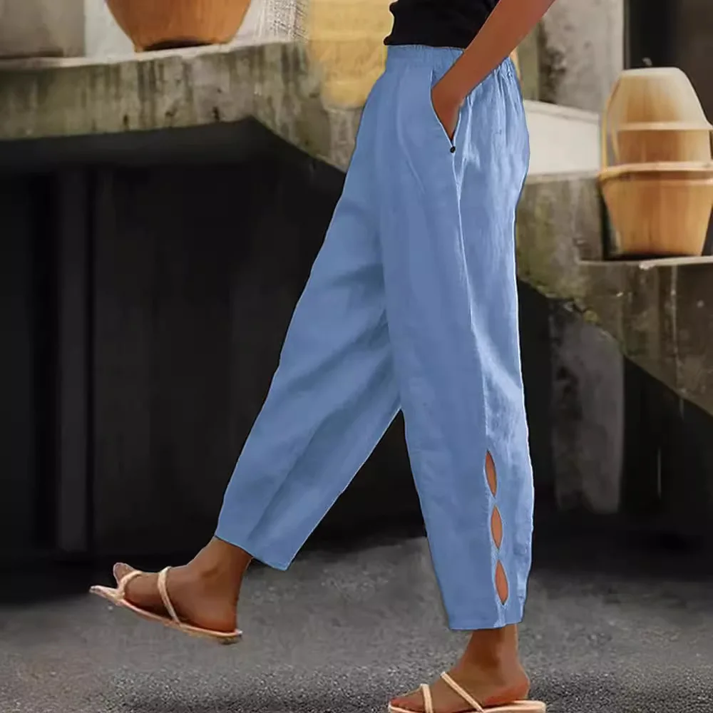 Women Fashion Embroidered Lace Trousers Vintage Lace-Up Pockets Pants Summer Elegant Loose Elastic Waist Long Pants Streetwears