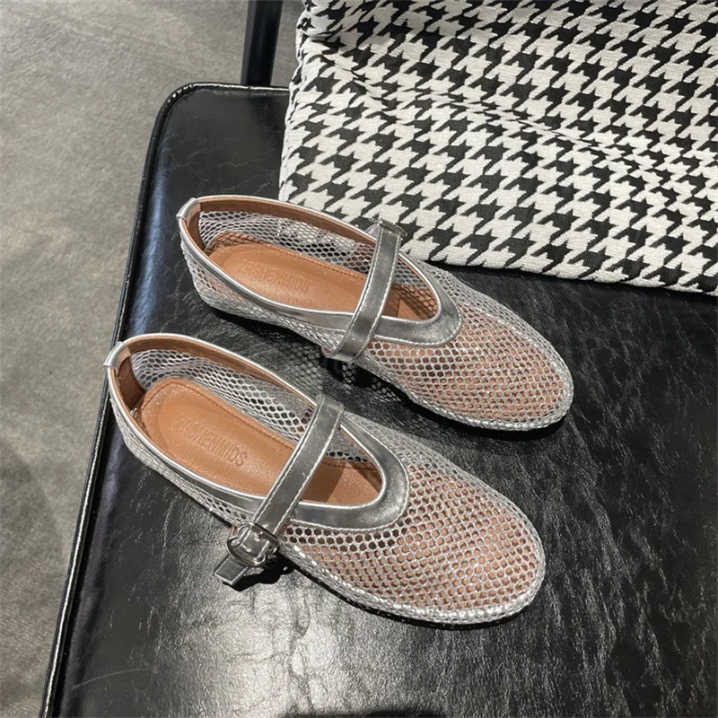Round Toe Fish Mesh Hollowed Out Ballet Shoes for Women's Summer New Flat Bottomed Belt Buckle Single Shoes Brand Design