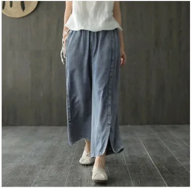 cargo pants for women 2022 Spring Summer New Arts Style Women Elastic Waist Loose Tencel Denim Wide Leg Pants Split Design Vintage Jeans RV708 cigarette pants Pants & Capris