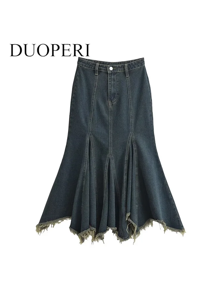 

DUOPERI Women Fashion Denim Blue Pleated Front Zipper Midi Skirt Vintage High Waist Female Chic Lady Skirts
