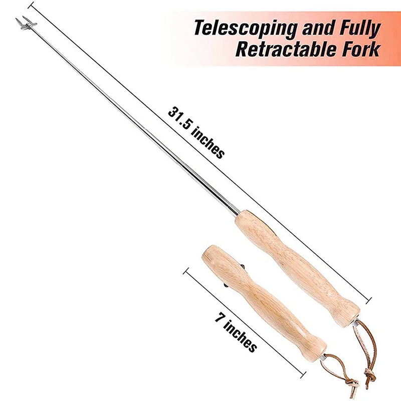 Barbecue Skewers Barbecue Tools Retractable Rugged Wood Handle Barbecue Fork Grill Bar