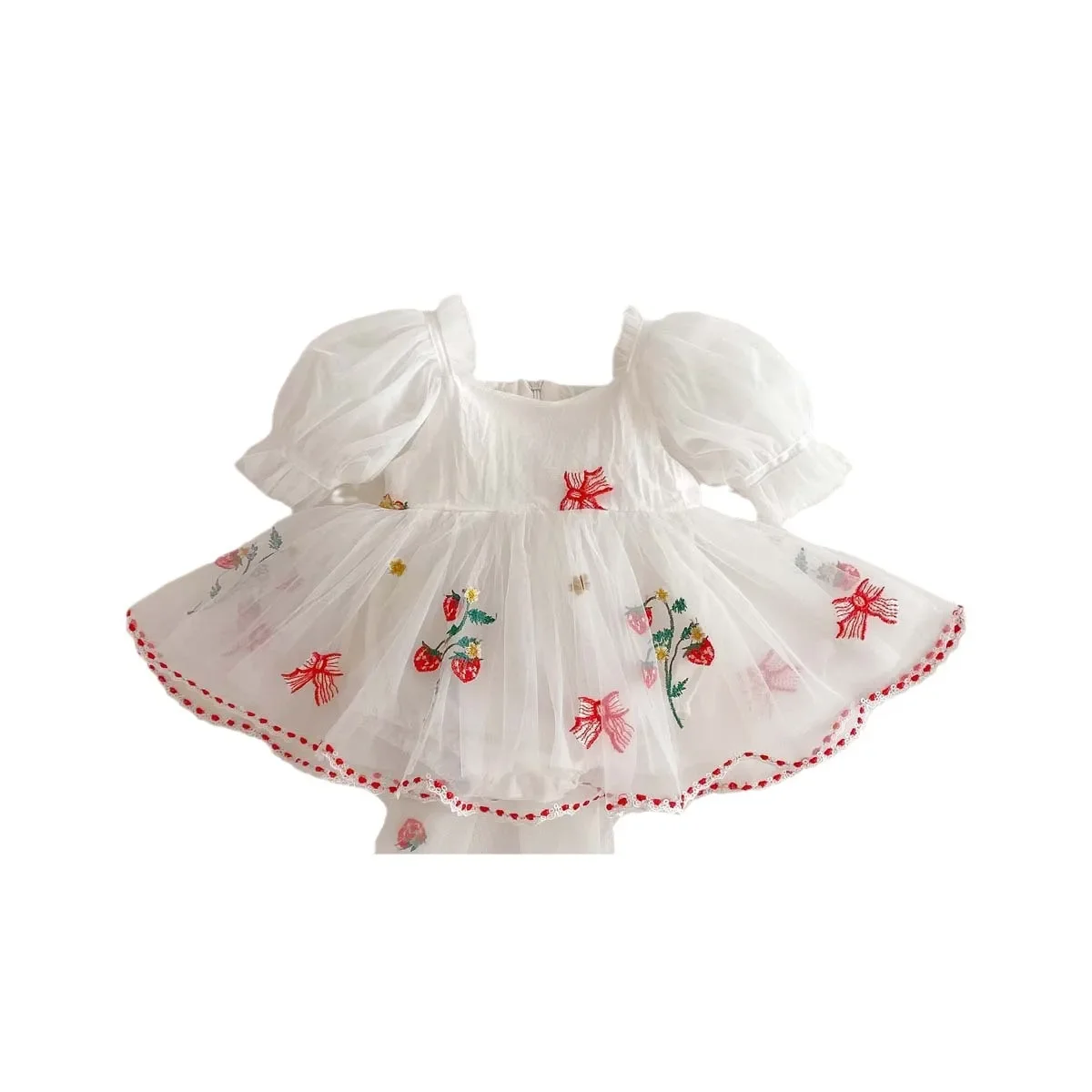 Summer New Bubble Sleeve Bib Overalls Baby Girl Embroidered Butterfly Knot Net Princess Skirt Hundred Days Outdoor Clothes