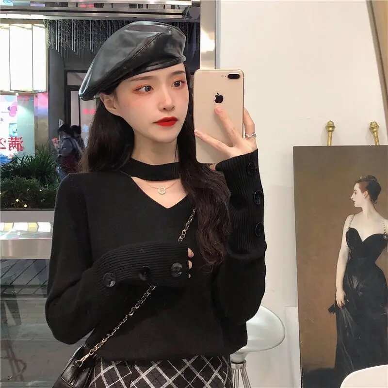 Suéter feminino com decote em V, gola halter, outono inverno, sexy, 2025, novo top com moda, slim, manga comprida, camisa base de malha