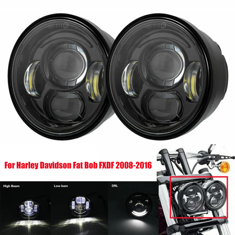 2Pcs 4.65 "Led Round Headlight Con Drl Hi/Low Beam Per Harley Davidson Fat Bob Fxdf 2008-2016